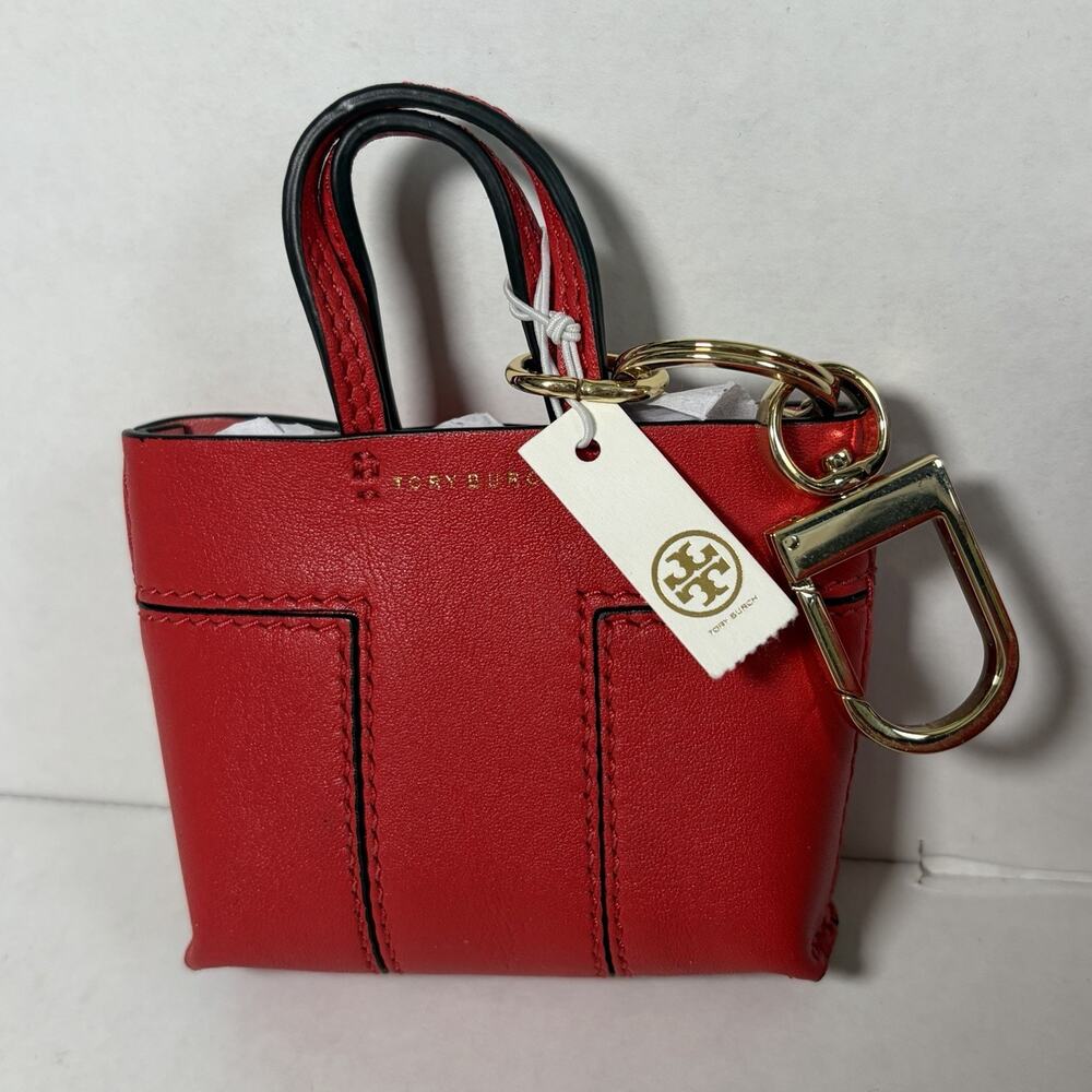 Tory Burch Mini Block-T Tote Bag Charm Key Fob Red Gold Hardware NWT